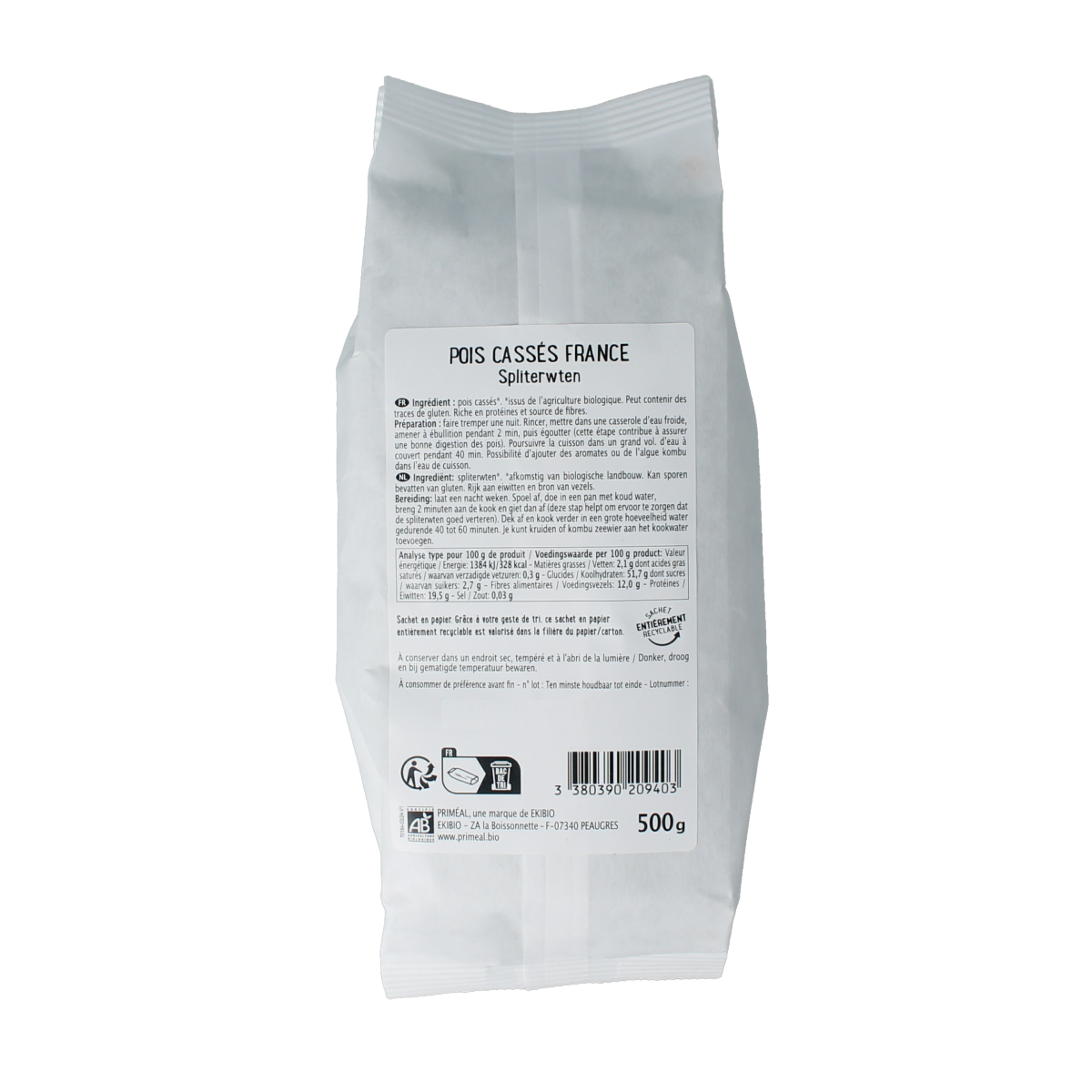 Primeal bio spliterwten 500g, organic split peas, fresh and packaged in a clear bag, suitable for cooking and soups.