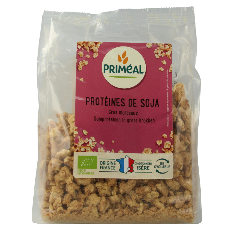 Primeal Sojaproteine grote brokken bio in 150g bag, soy protein chunks for baking and cooking, organic Primeal product.