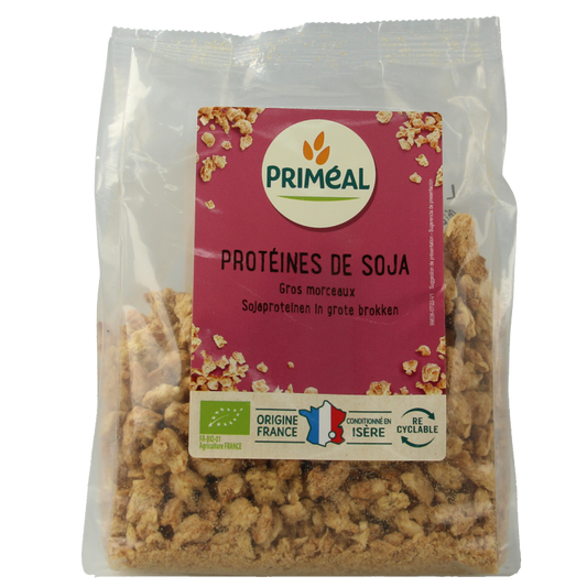 Primeal Sojaproteine grote brokken bio in 150g bag, soy protein chunks for baking and cooking, organic Primeal product.