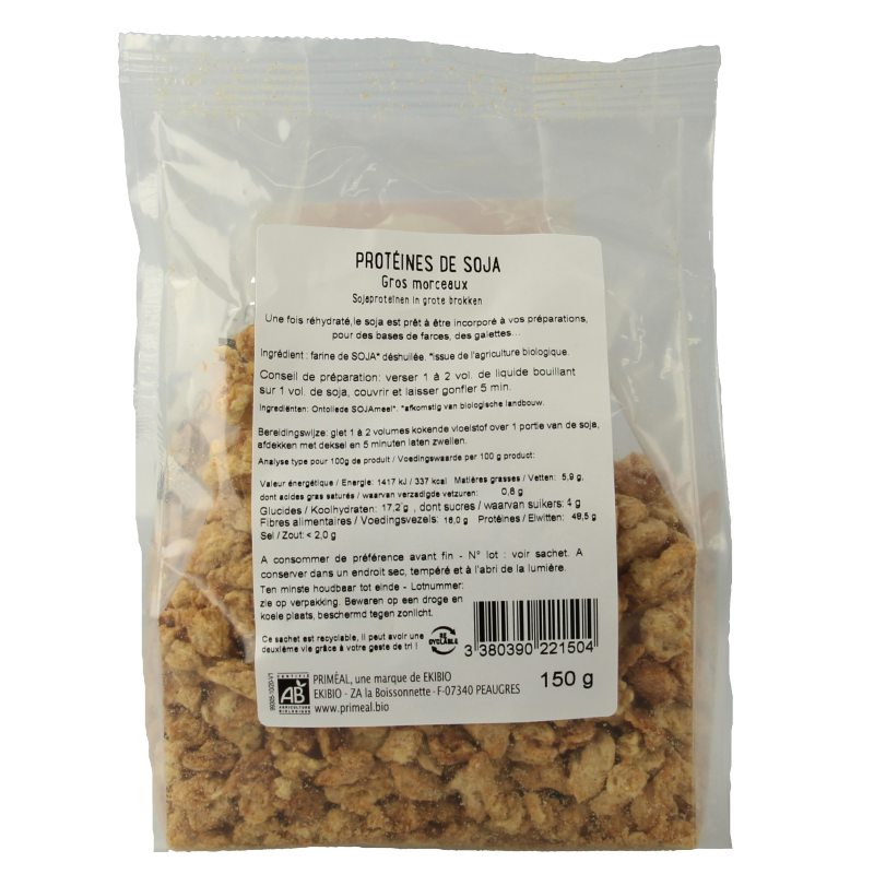 Primeal bio sojaproteine grote brokken in 150g package, soy protein for baking and cooking, natural and organic.