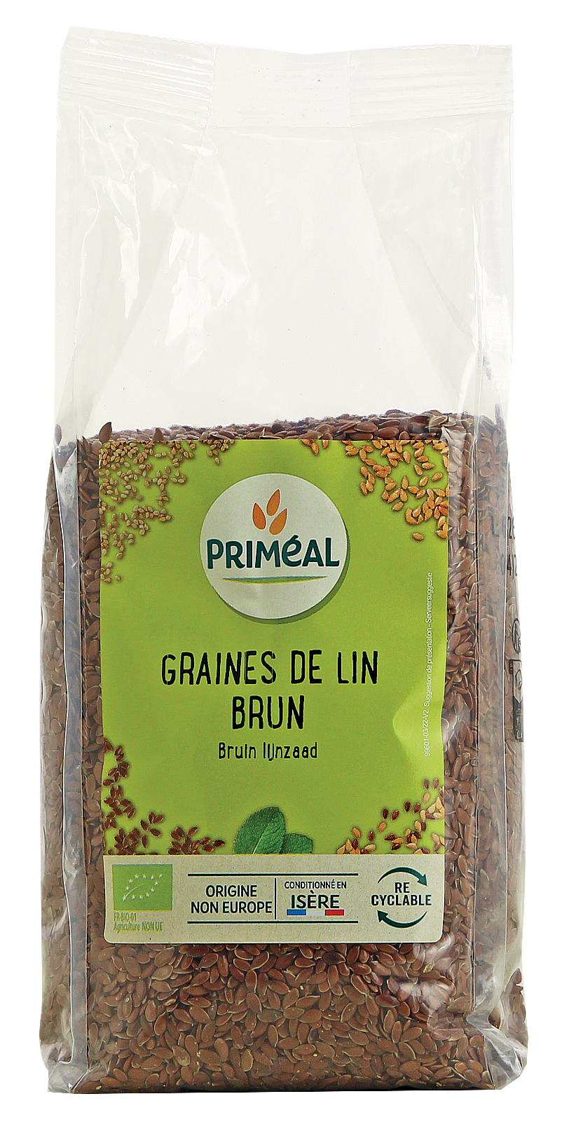 Primeal organic brown flaxseed in a 500g package, raw superfood seed with a brown color and textured surface.