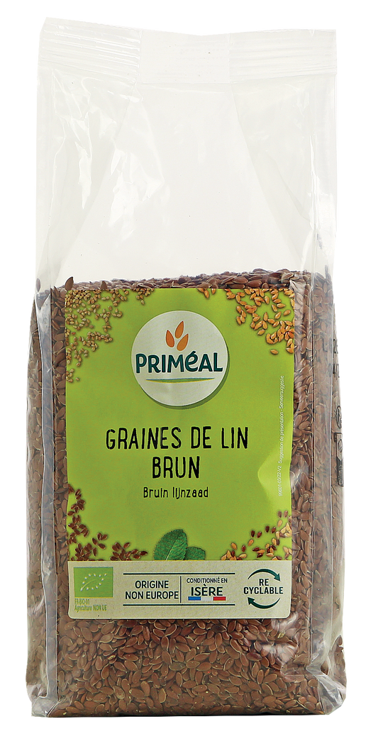 Primeal organic brown flaxseed in a 500g package, raw superfood seed with a brown color and textured surface.