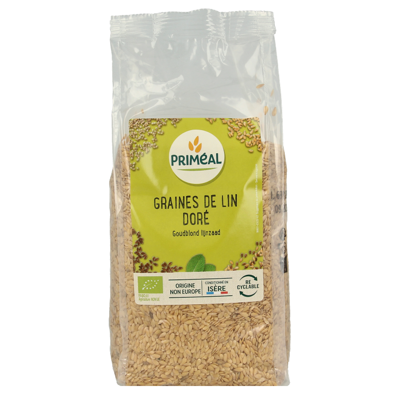 Primeal organic golden flaxseed in 500g package, raw superfood rich in omega-3 and fiber, shown in close-up image.