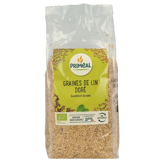 Primeal organic golden flaxseed in 500g package, raw superfood rich in omega-3 and fiber, shown in close-up image.