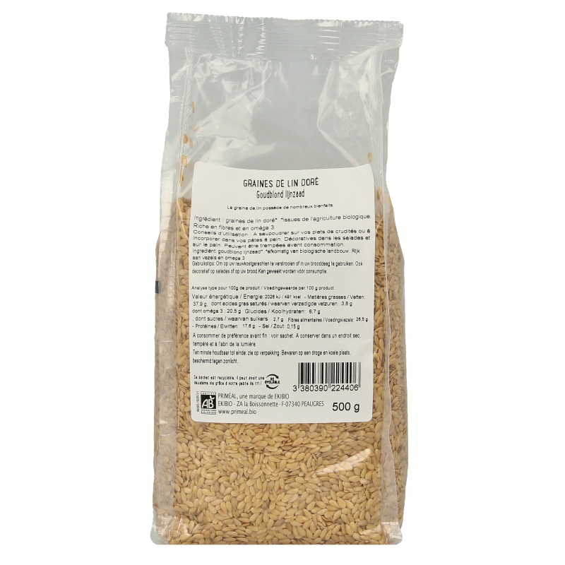 Primeal organic golden flaxseed in a 500g package, raw superfood rich in omega-3 and fiber, displayed on a neutral background.