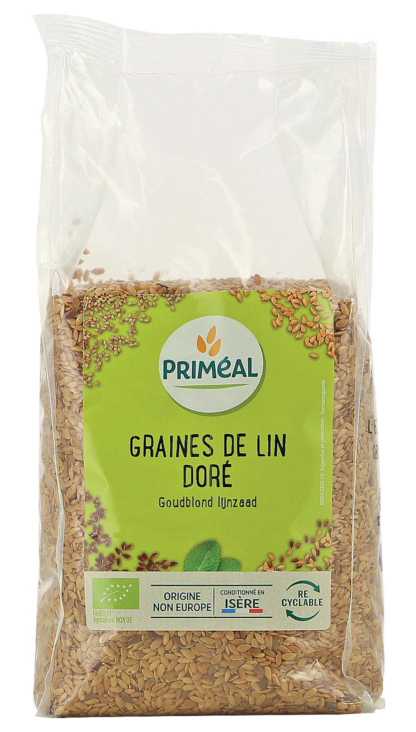 Primeal Gold Flaxseed in a 250g package, raw organic superfood with golden color, ideal for healthy diets and nutrition.