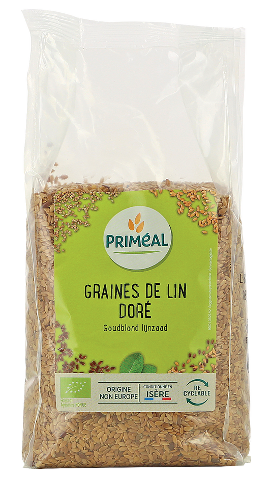 Primeal Gold Flaxseed in a 250g package, raw organic superfood with golden color, ideal for healthy diets and nutrition.