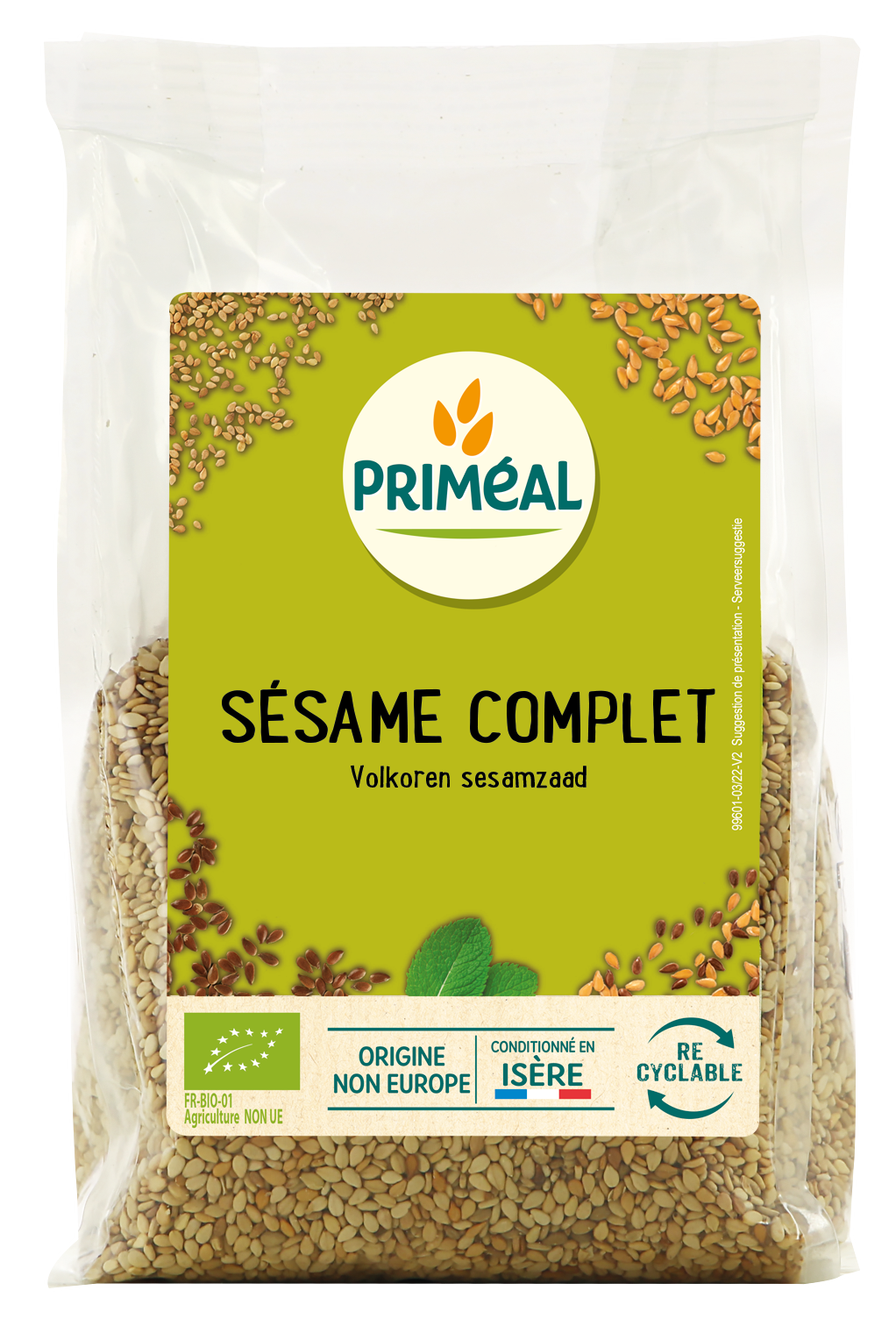 Primeal organic whole sesame seeds in a 250g package, raw superfood with natural brown sesame seeds on a white background.