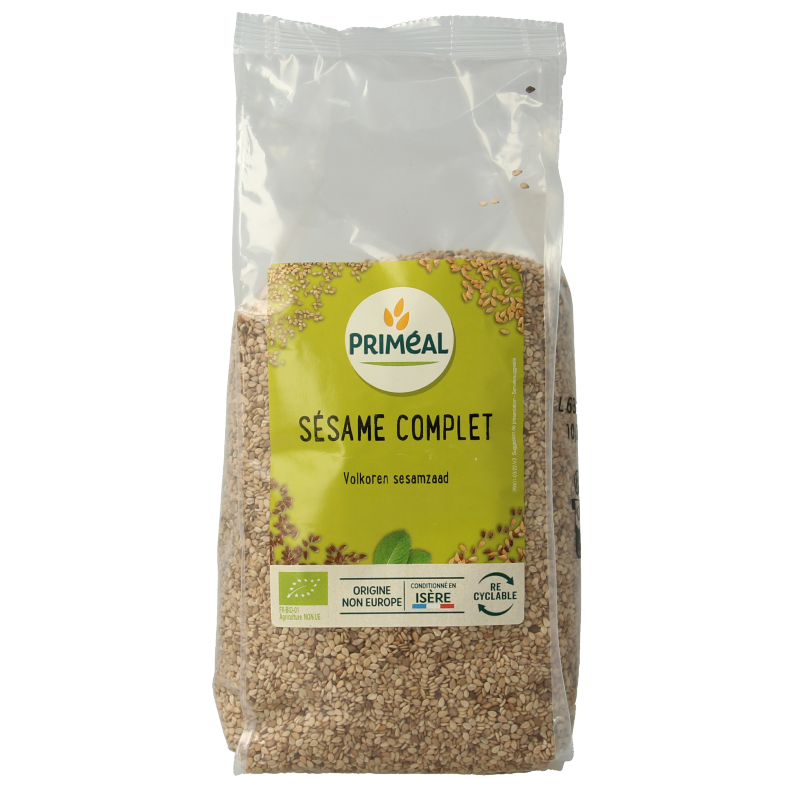 Primeal organic whole sesame seeds in a 500g package, raw superfood, displayed in a clear container with sesame seeds visible.