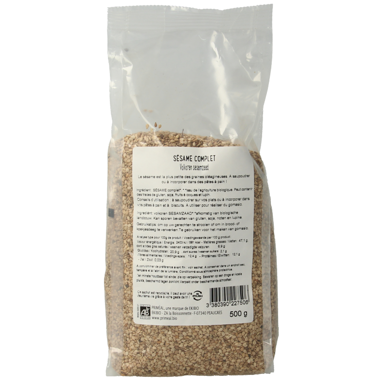 Primeal organic whole sesame seeds in a 500g package, raw superfood rich in nutrients, displayed in a clear close-up image.