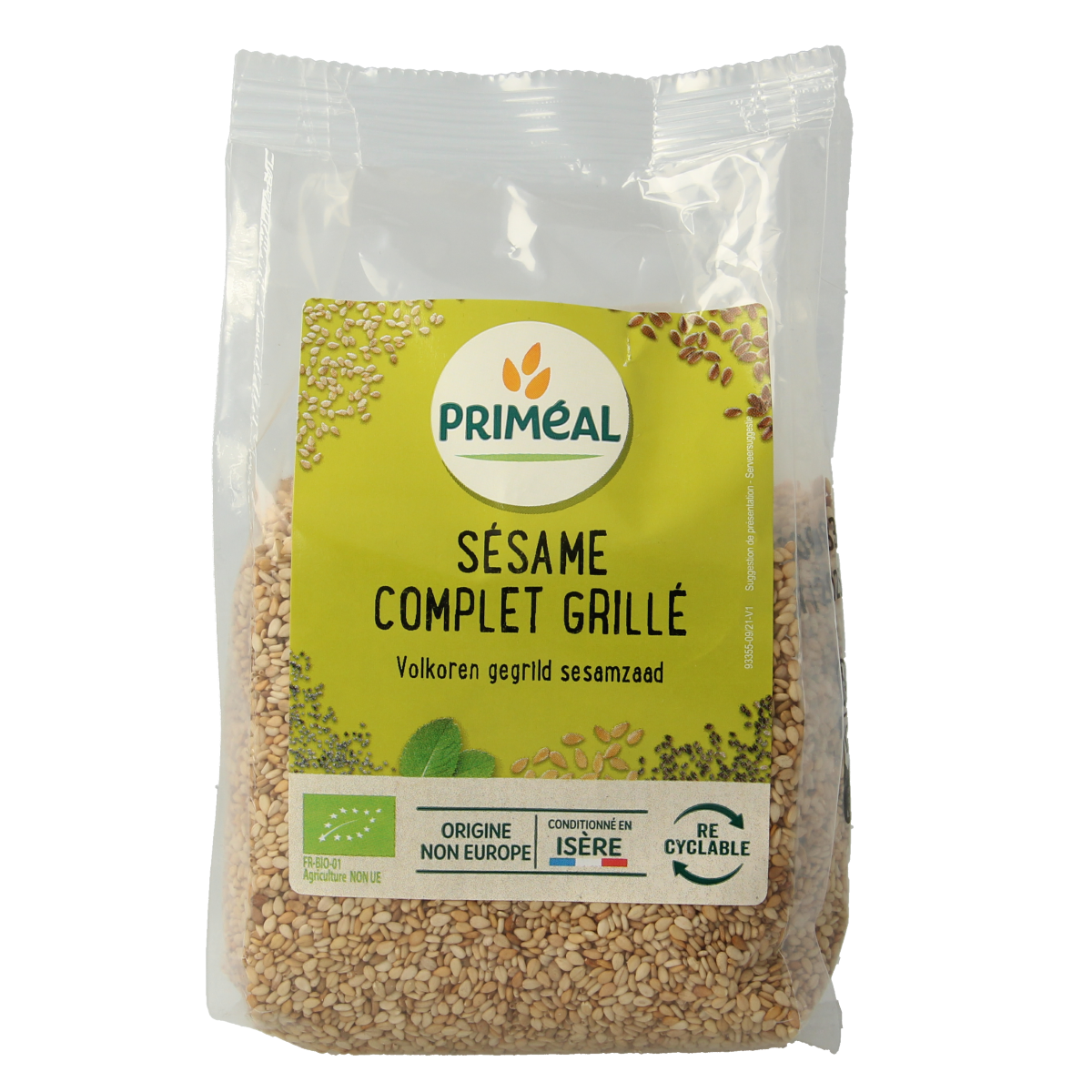 Primeal organic whole wheat grilled sesame seeds in a 250g package, raw superfood with visible sesame seeds on a natural background.