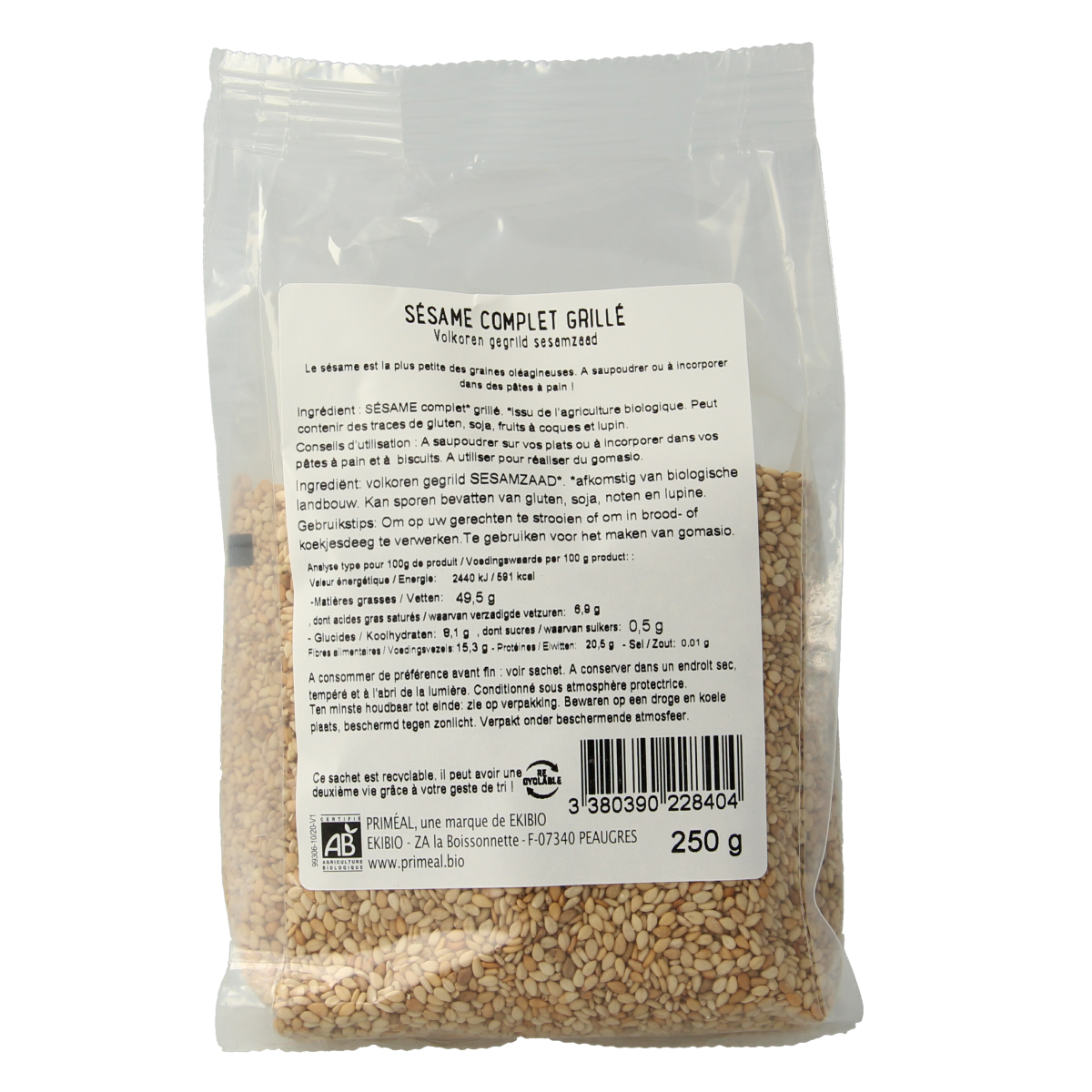 Primeal organic whole wheat grilled sesame seeds in 250g package, raw superfood with toasted sesame appearance
