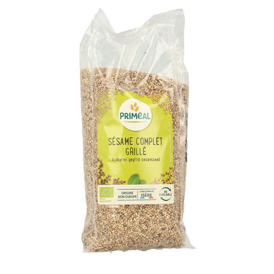 Primeal organic whole wheat grilled sesame seeds in a 500g package, raw superfood with visible toasted sesame seeds.