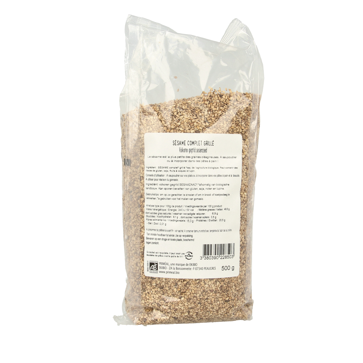 Primeal organic whole wheat toasted sesame seeds in a 500g package, raw superfood with natural toasted sesame appearance.