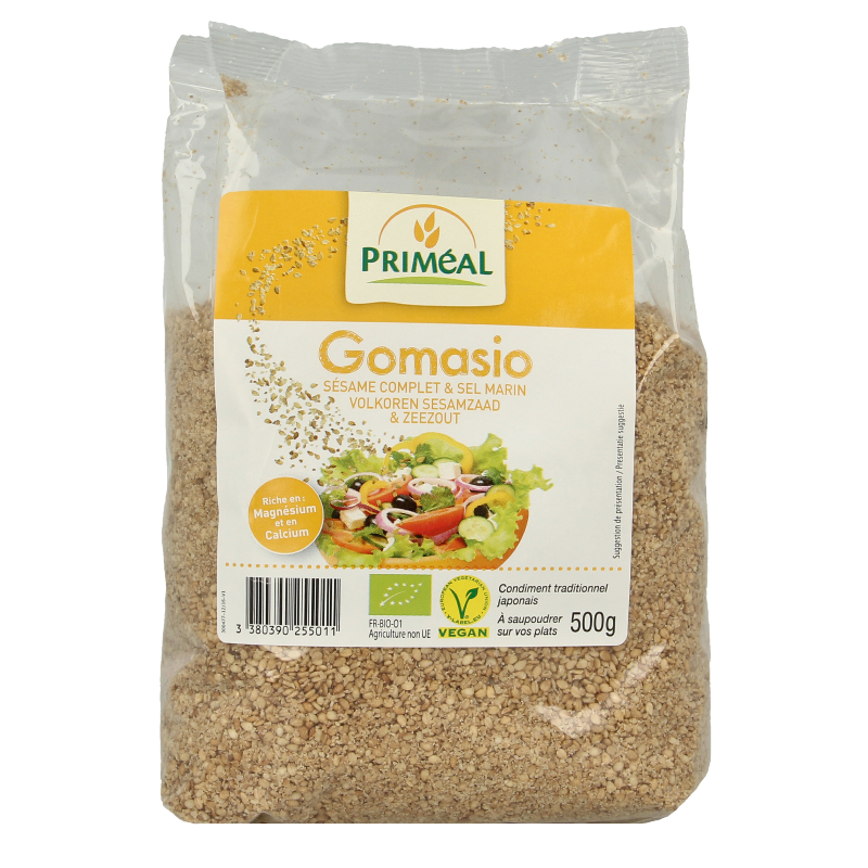 Primeal Gomasio with whole sesame seeds and sea salt in a 500g package, organic raw superfood, close-up of seasoned sesame mix