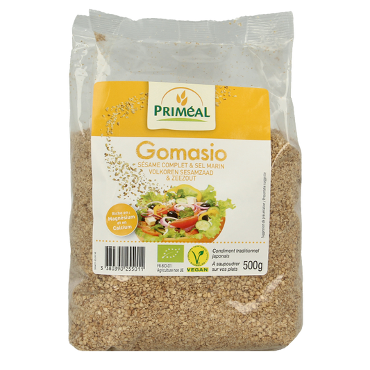 Primeal Gomasio with whole sesame seeds and sea salt in a 500g package, organic raw superfood, close-up of seasoned sesame mix