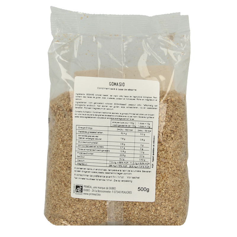 Primeal Gomasio with whole sesame seeds and sea salt in a 500g bio package, a raw superfood for healthy seasoning.