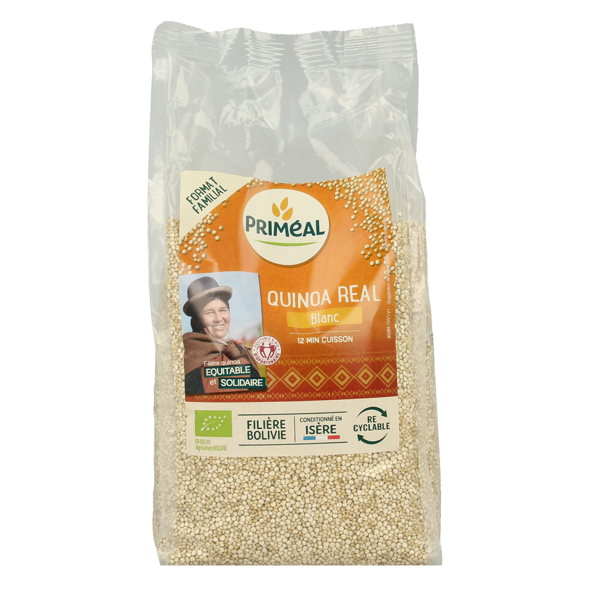 Primeal organic quinoa pasta and rice in 1kg package, natural and gluten-free with visible quinoa grains and pasta texture.