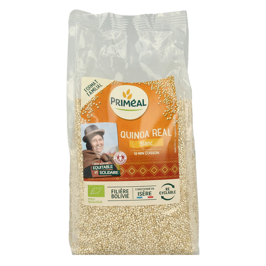 Primeal organic quinoa pasta and rice in 1kg package, natural and gluten-free with visible quinoa grains and pasta texture.
