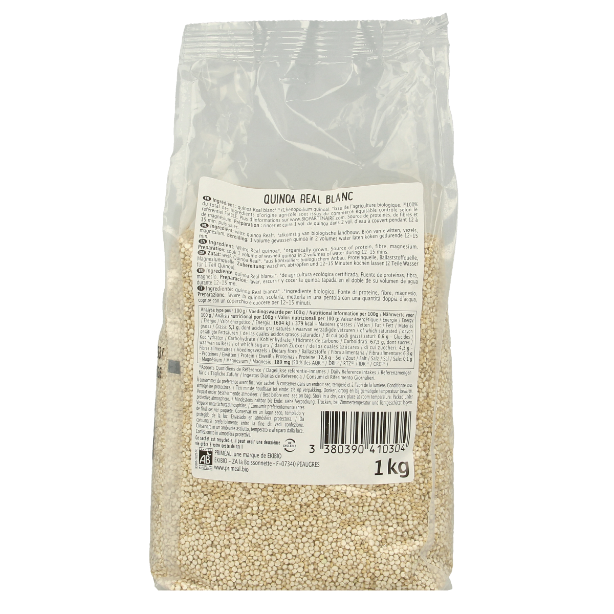 Primeal organic quinoa pasta and rice in 1kg package, showcasing the product's natural, whole grain appearance and packaging.