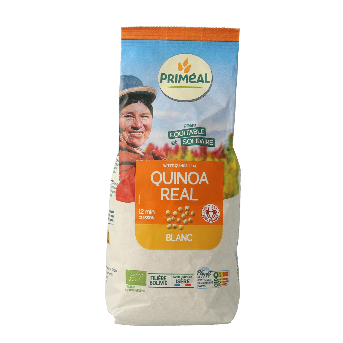 Primeal Quinoa real wit bio 500g, organic quinoa and rice pasta, showing cooked quinoa and rice grains in a bowl.