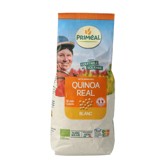 Primeal Quinoa real wit bio 500g, organic quinoa and rice pasta, showing cooked quinoa and rice grains in a bowl.