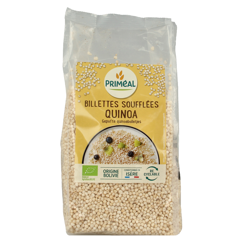 Organic Primeal gepofte quinoa in a 100g package, a natural breakfast grain with light, fluffy puffed texture.