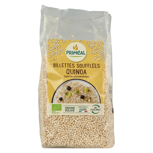 Organic Primeal gepofte quinoa in a 100g package, a natural breakfast grain with light, fluffy puffed texture.
