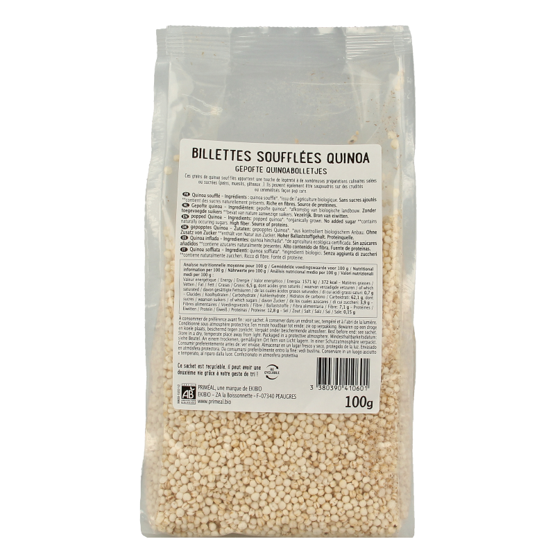 Primeal Gepofte quinoa bio 100g, organic puffed quinoa breakfast cereal in a clear bowl on a white background.