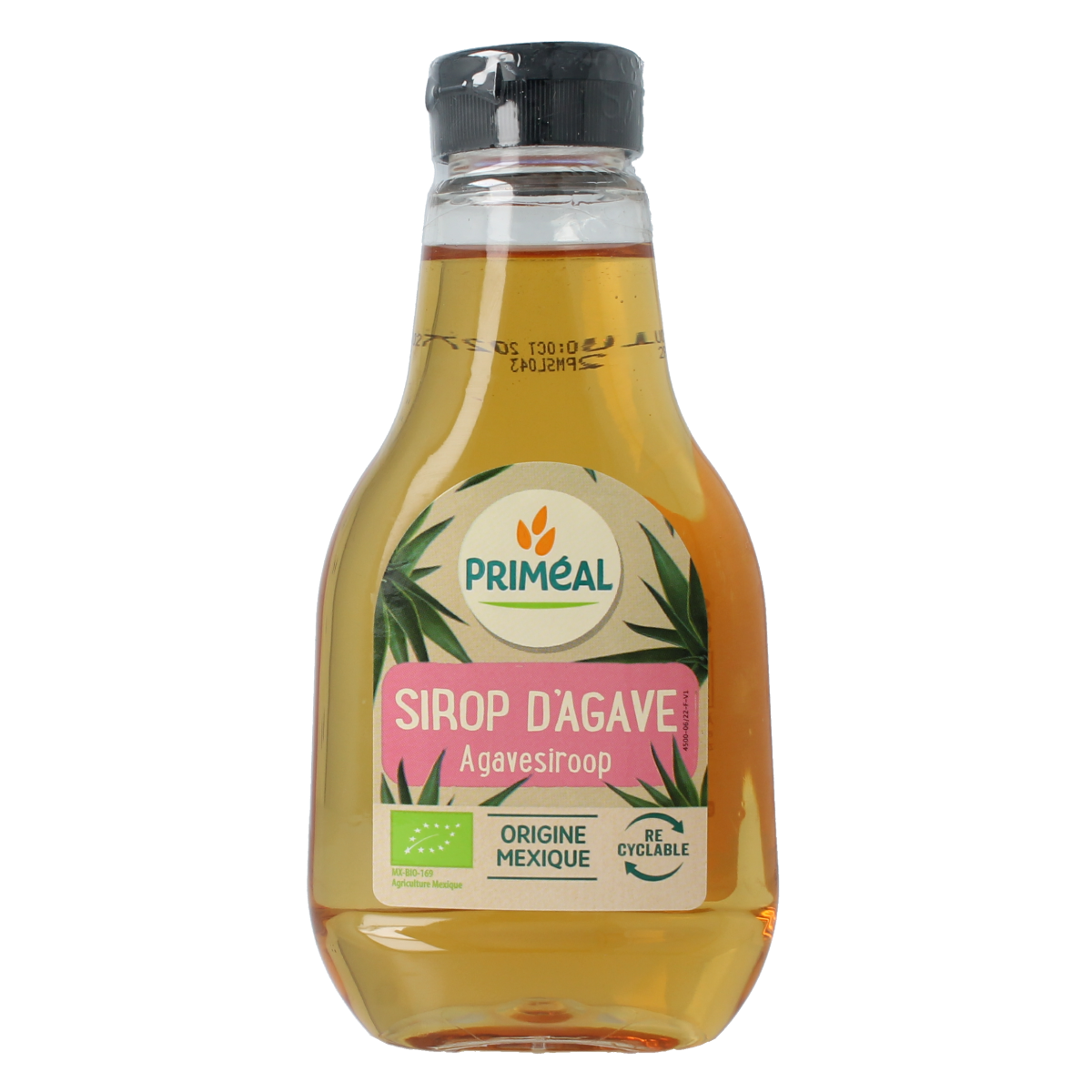 Primeal organic agave syrup in 330g bottle, golden liquid sweetener from Primeal, suitable for baking and beverages.