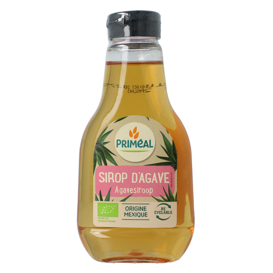 Primeal organic agave syrup in 330g bottle, golden liquid sweetener from Primeal, suitable for baking and beverages.