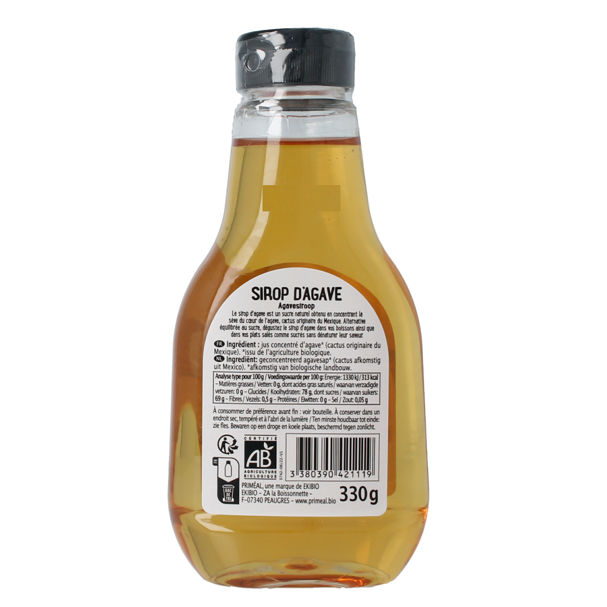 Primeal organic agave syrup in a 330g bottle, natural sweetener from Primeal, with a clear label and golden syrup inside.