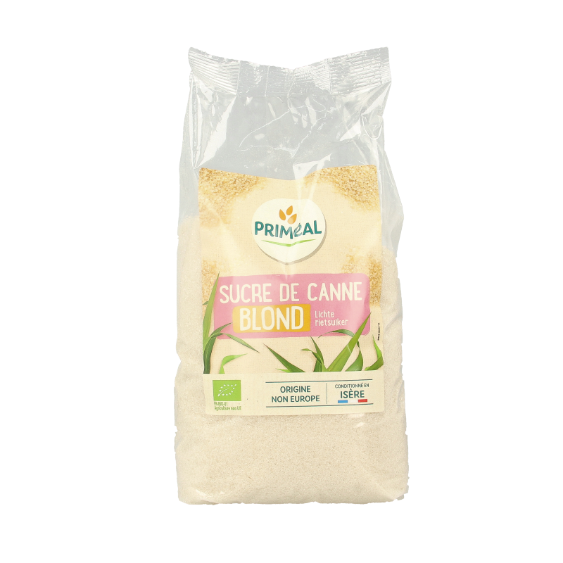 Primeal Blonde rietsuiker bio in 1 kilogram package, organic cane sugar for baking and sweetening.