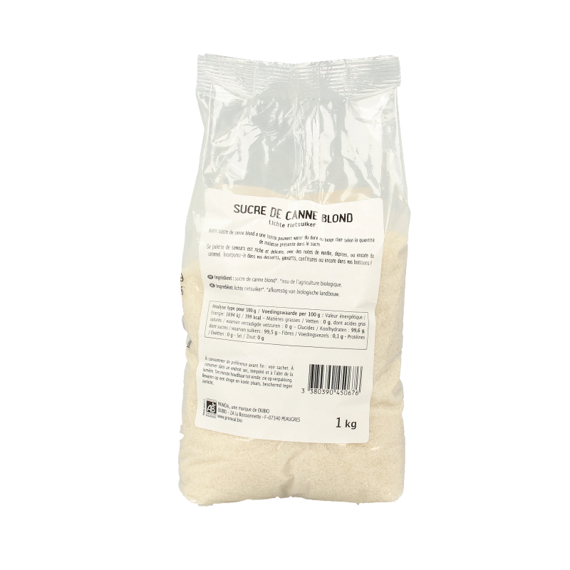 Primeal Blonde Rietsuiker bio in 1 kg bag, natural organic cane sugar for baking and sweetening.
