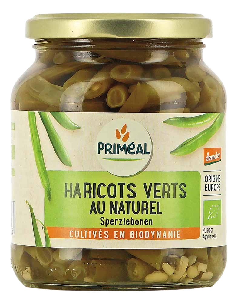 Fresh Primeal organic green beans (haricots verts) in a 340g package, ideal for healthy vegetable dishes.