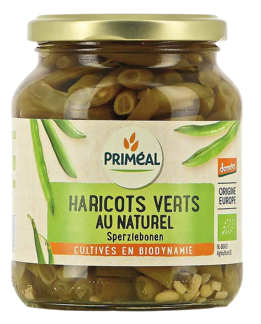 Fresh Primeal organic green beans (haricots verts) in a 340g package, ideal for healthy vegetable dishes.