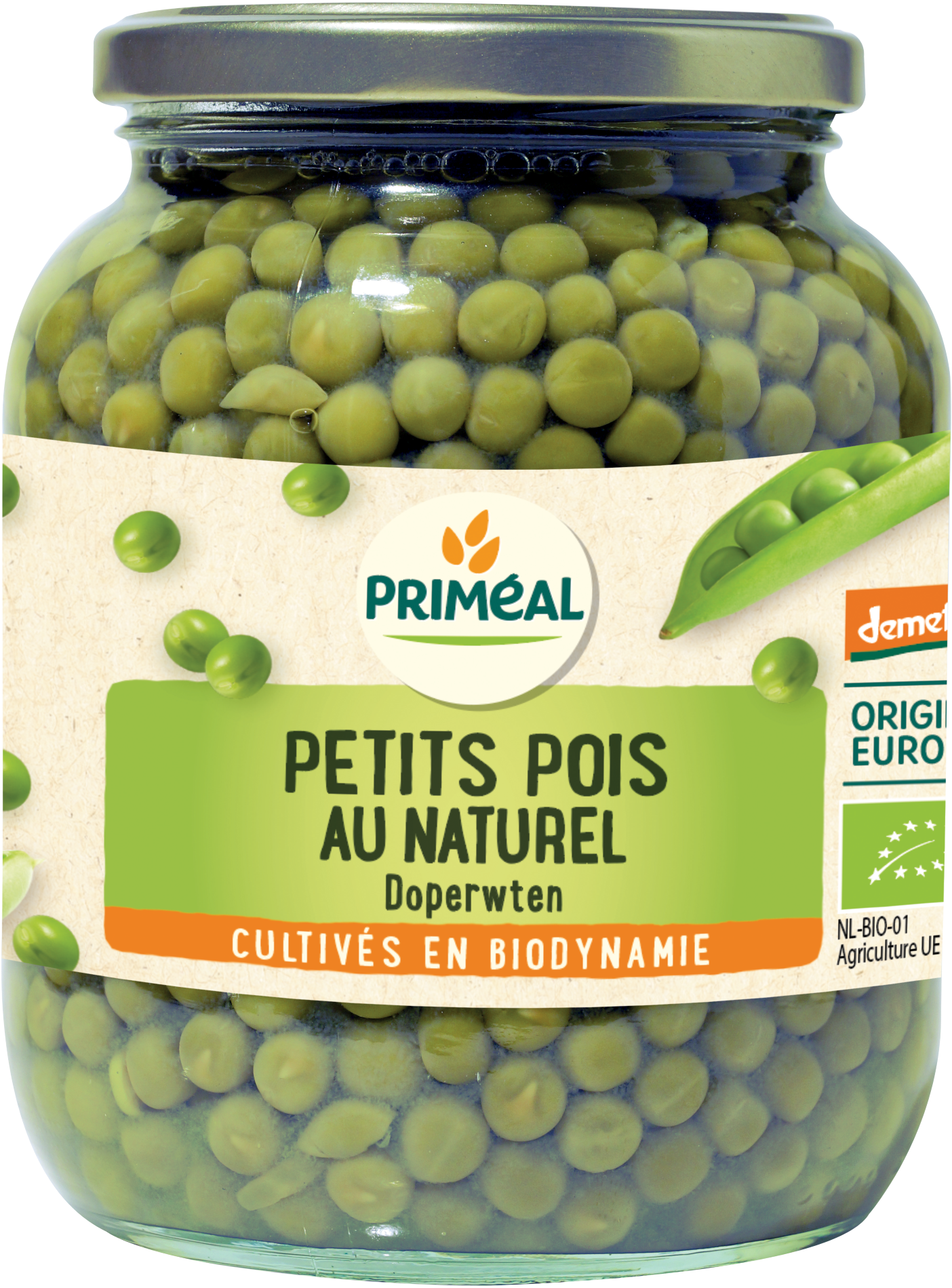 Primeal organic Doperwten (split peas) in 350g package, fresh green peas for cooking or snacking.