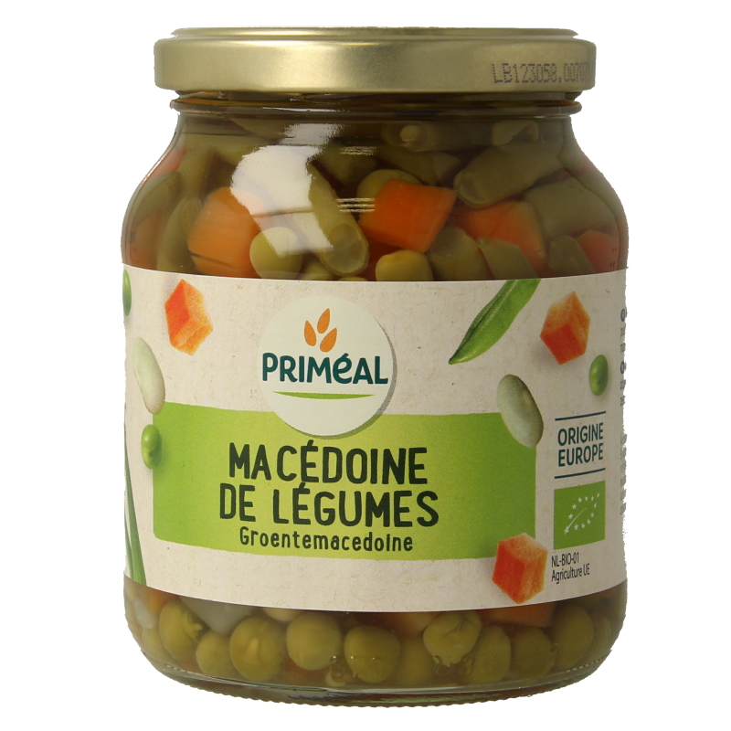 Primeal organic mixed vegetables including potatoes, carrots, and peas in a 350g package.
