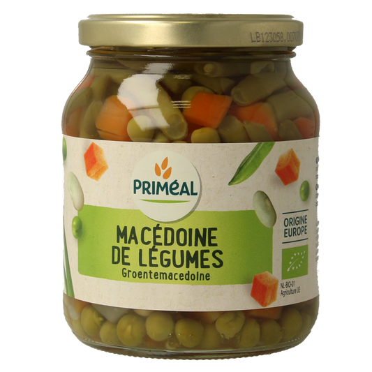 Primeal organic mixed vegetables including potatoes, carrots, and peas in a 350g package.