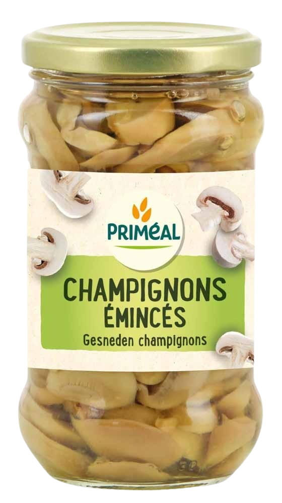 Primeal organic sliced champignon mushrooms in a 280g package, fresh and ready for cooking or salads.