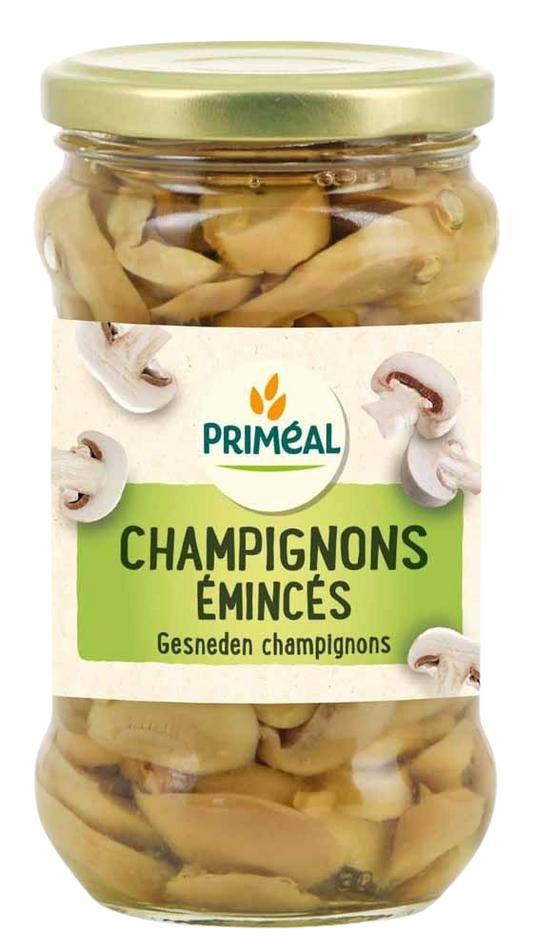 Primeal organic sliced champignon mushrooms in a 280g package, fresh and ready for cooking or salads.