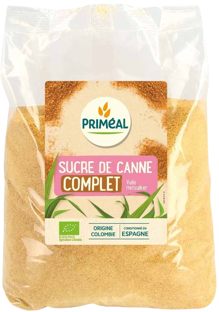 Primeal organic whole cane sugar in a 1kg package, natural sweetener from Suikers en Zoetstoffen category.