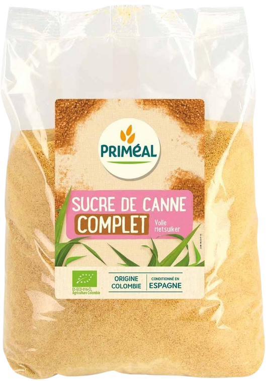 Primeal organic whole cane sugar in a 1kg package, natural sweetener from Suikers en Zoetstoffen category.