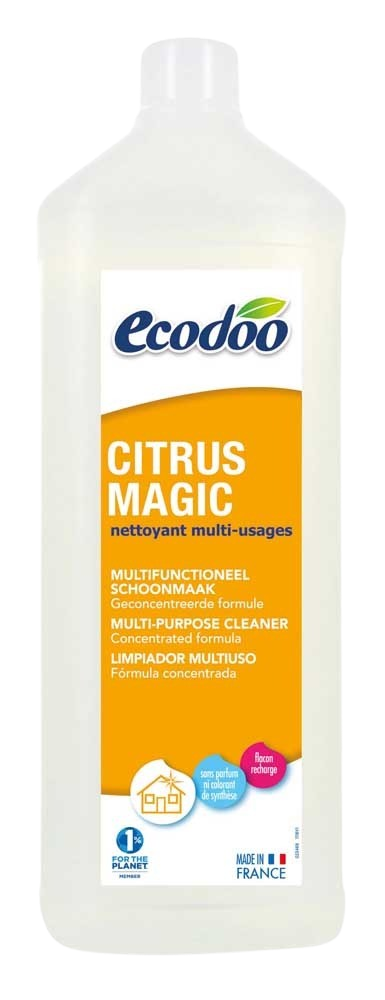 Ecodoo citrus bio cleaning refill bottle, 1 liter, eco-friendly cleaning product for household use, featuring citrus scent and biodegradable formula.