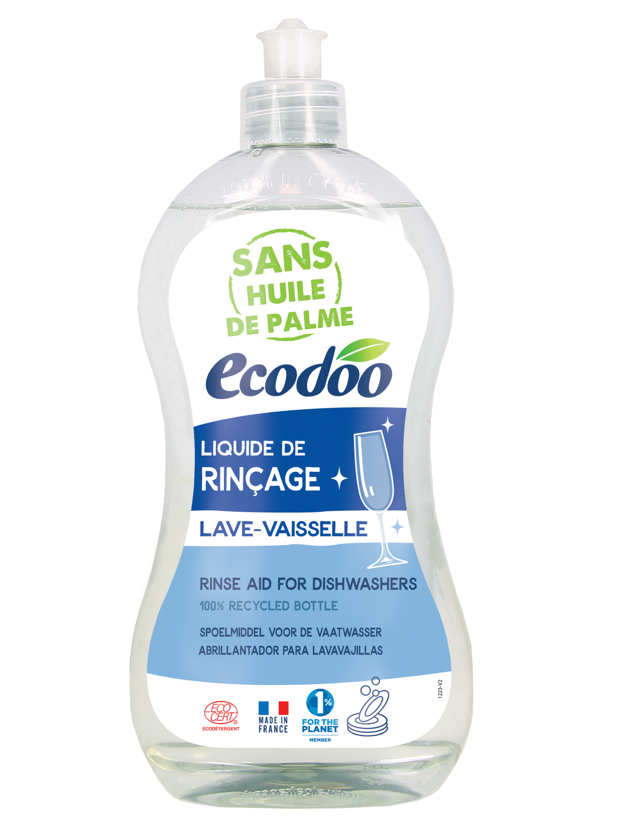 Ecodoo bio dishwasher cleaner in a 500ml bottle, eco-friendly dishwashing liquid with natural cleaning ingredients.