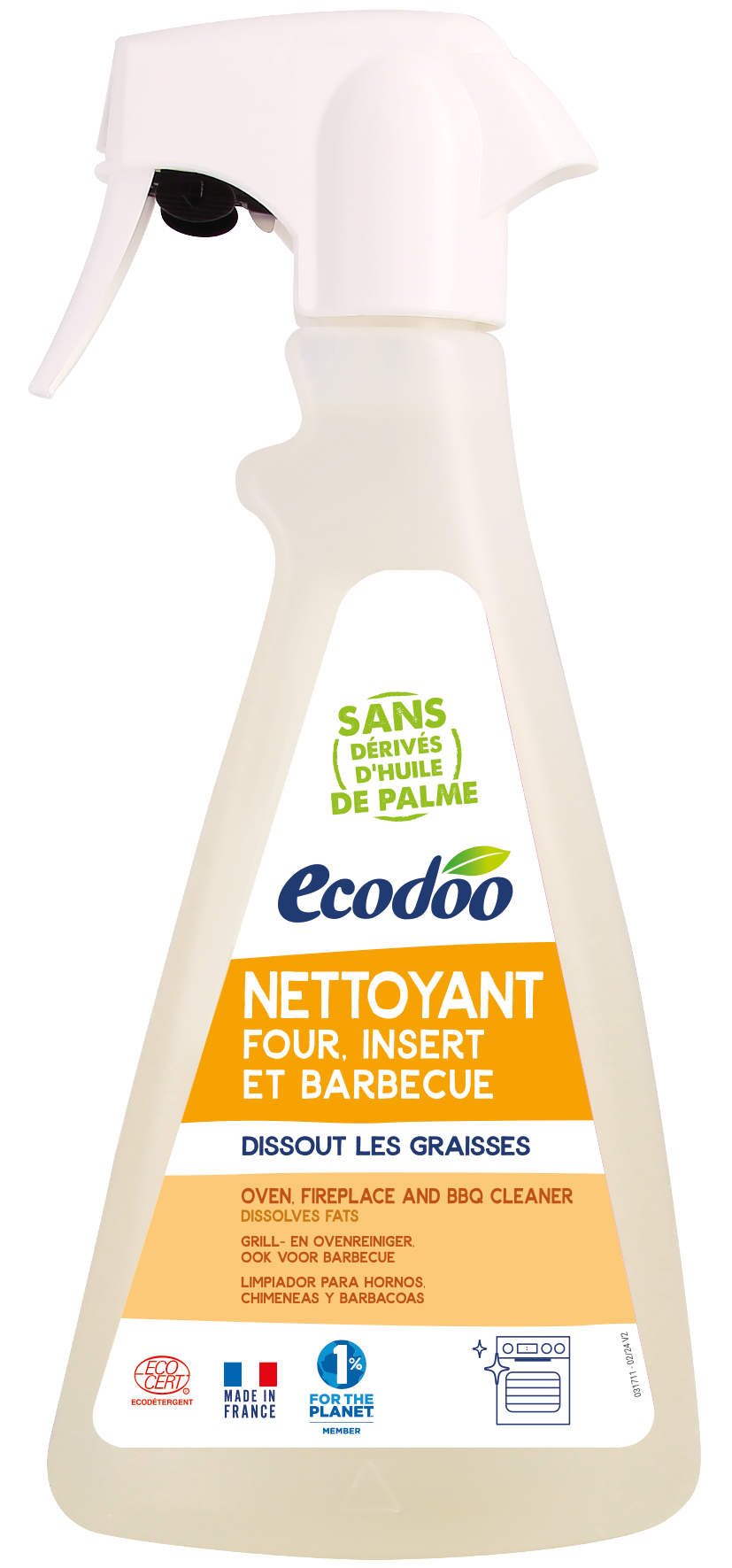 Ecodoo bio oven, fireplace, and barbecue cleaner in 500ml bottle, eco-friendly cleaning product with natural ingredients.