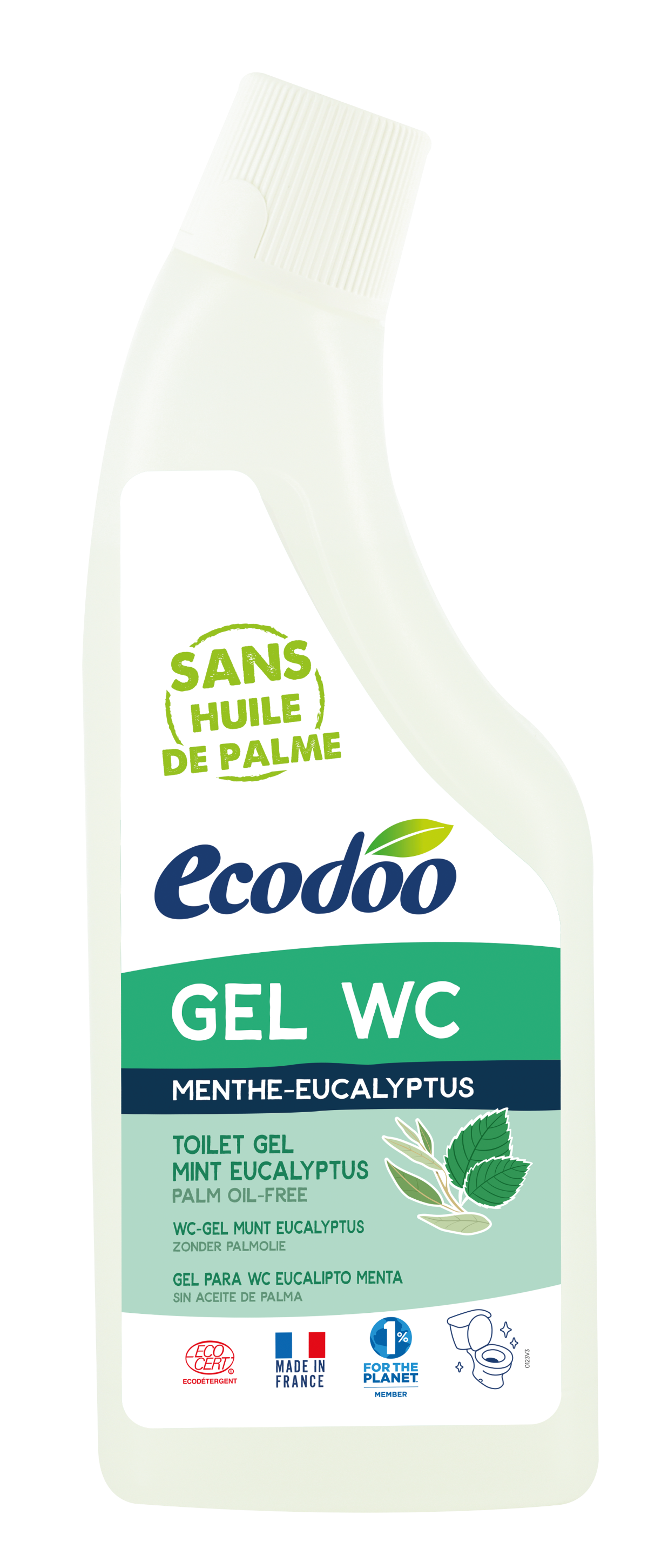 Ecodoo WC gel toilet cleaner with eucalyptus scent in a 750ml bottle, featuring a green cap and label.