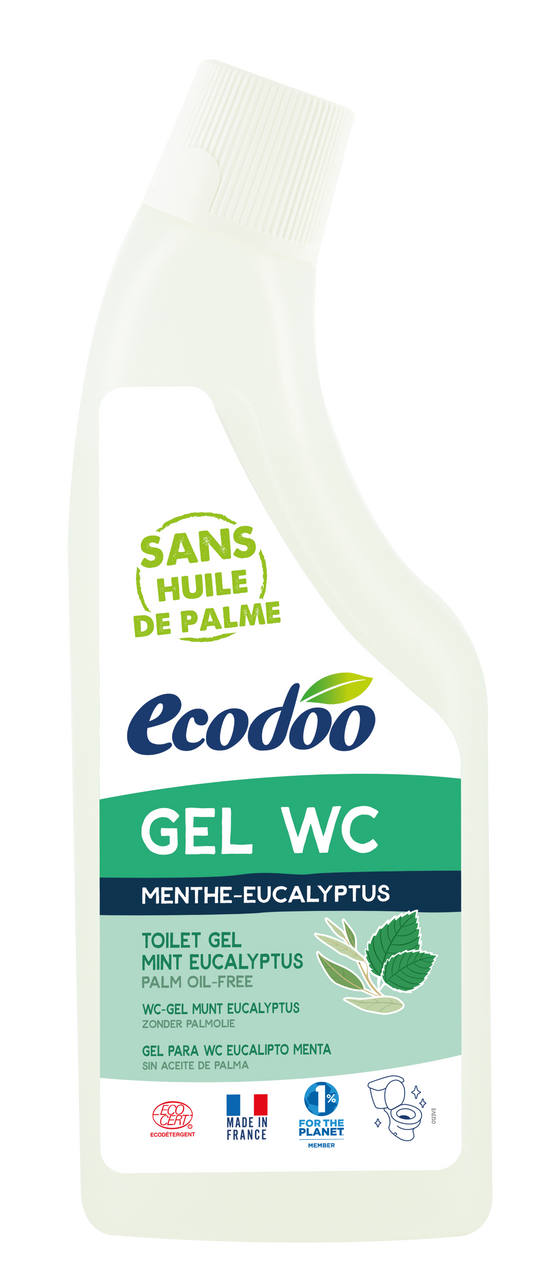 Ecodoo WC gel toilet cleaner with eucalyptus scent in a 750ml bottle, featuring a green cap and label.