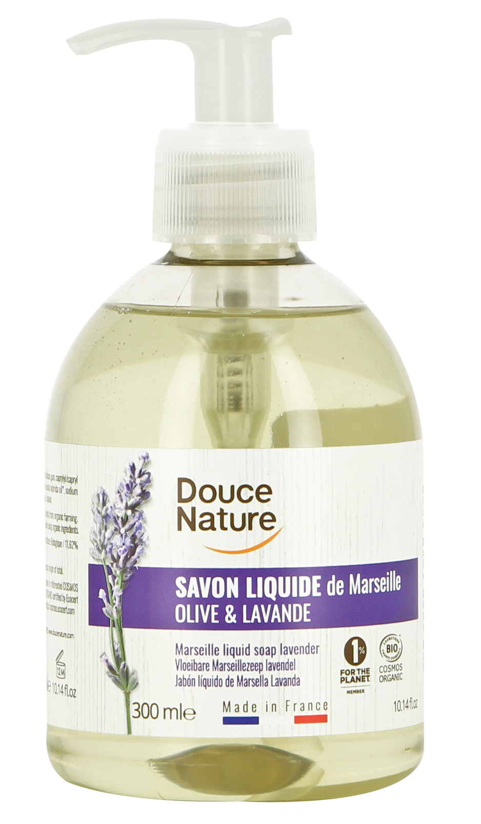 Liquid lavender Marseille soap by Douce Nature in a 300ml bottle, featuring a clear container with lavender-colored soap inside.