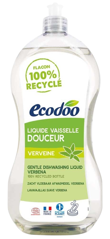 Ecodoo liquid dish soap with verbena scent in a 1-liter bottle, gentle and organic for effective hand washing.